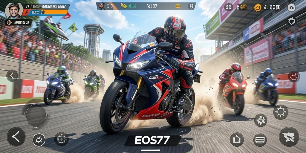 Tampilan gameplay <strong>EOS77</strong> yang menampilkan balapan motor mendebarkan.