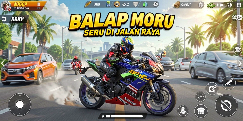 Tampilan gameplay seru di KKRP dengan motor balap yang memukau.