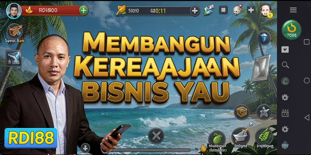 Screenshot RDI88 menunjukkan gameplay membangun kerajaan bisnis.