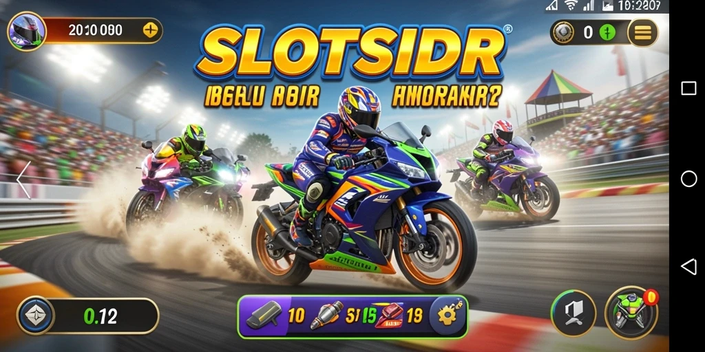 Screenshot utama SLOTSIDR menampilkan aksi balapan motor yang seru.